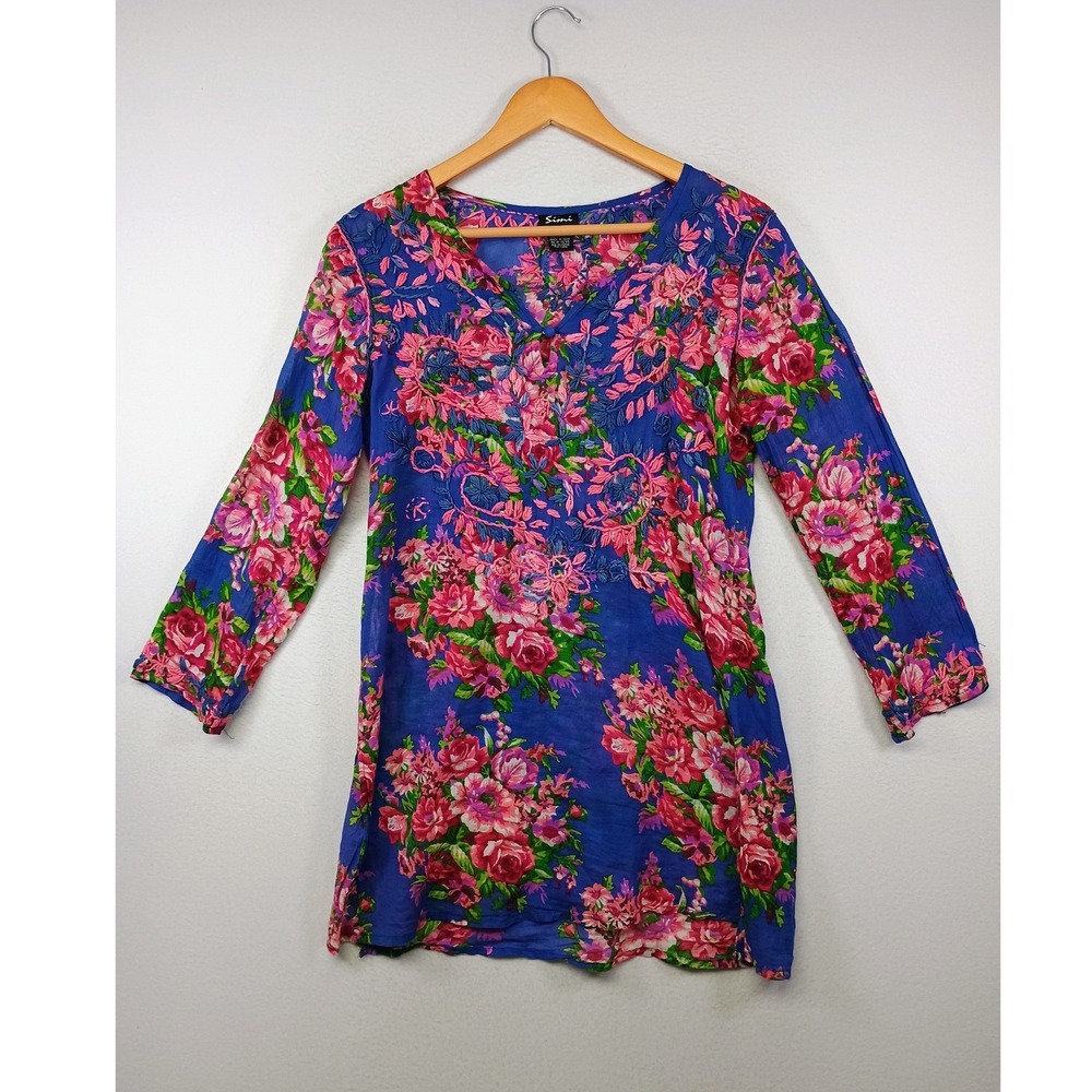 Boho Floral Embroidered Simi Womens Small Blue Pink Cotton Tunic Top 3/4 Sleeve